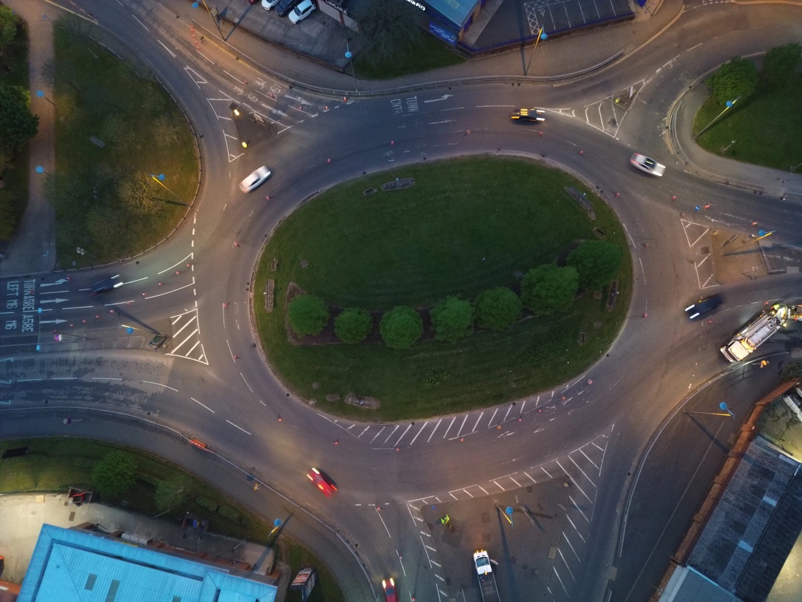 Drone view of a roundabout and approach roads
