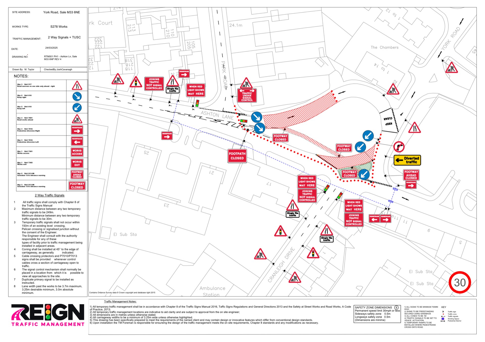 Reign traffic management plan for two-way signals and a footway closure on Ashton Lane, Sale
